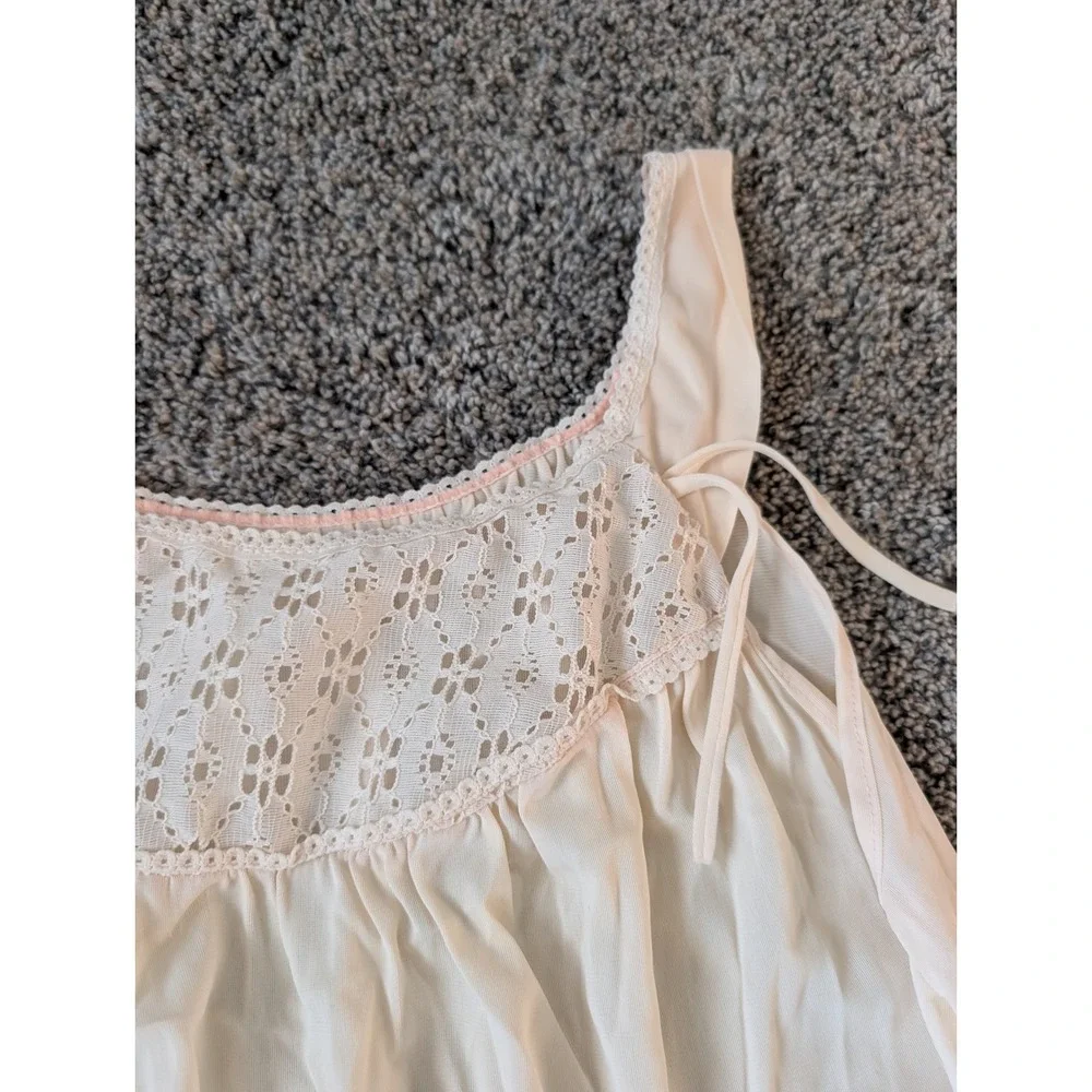 Vintage Ivory Lace Inset Nightgown Sleeveless Shoulder Tie Nylon Sleepwear Med - Picture 2 of 3